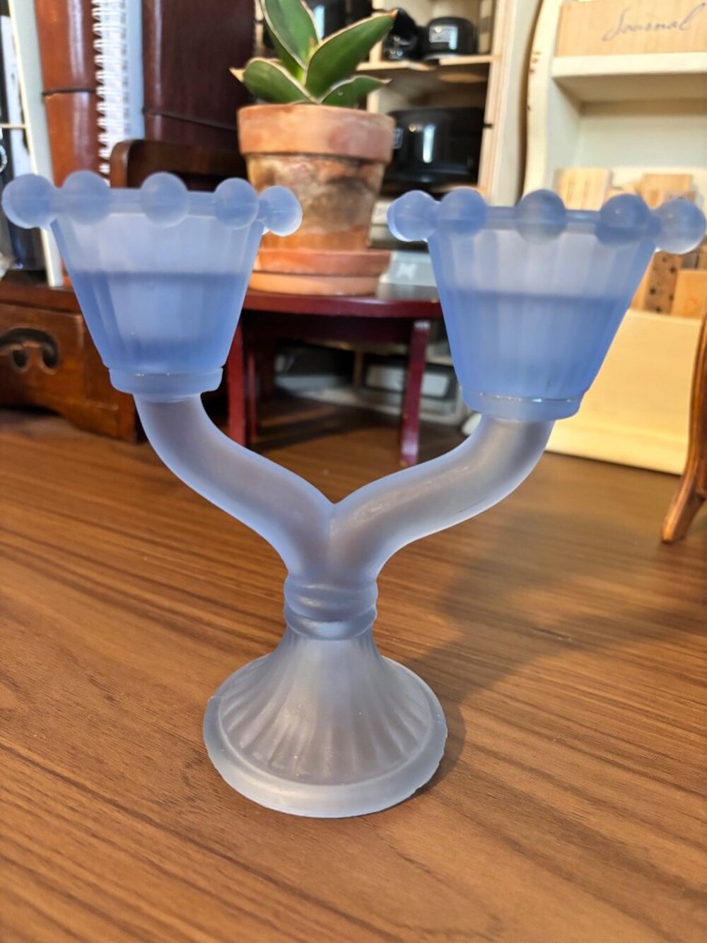 Frosted Blue Glass Double Candle Holder Beaded Edge Vintage Home Decor Accent